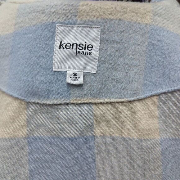 Kensie Women's Small Cream and Blue Plaid Button Up Trucker Jacket Coat - Picture 2 of 4